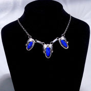 Vintage Native American Sterling Silver Lapis Lazuli Pendant Necklace, 3-Stone Pendant, Engraved Leaf Settings, Oval Link Chain, 20 3/4" L