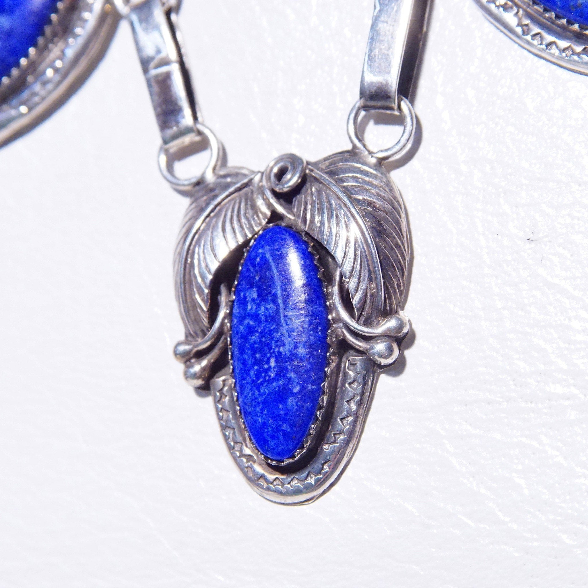 Vintage Native American Sterling Silver Lapis Lazuli Pendant Necklace, 3-Stone Pendant, Engraved Leaf Settings, Oval Link Chain, 20 3/4" L