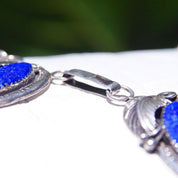 Vintage Native American Sterling Silver Lapis Lazuli Pendant Necklace, 3-Stone Pendant, Engraved Leaf Settings, Oval Link Chain, 20 3/4" L