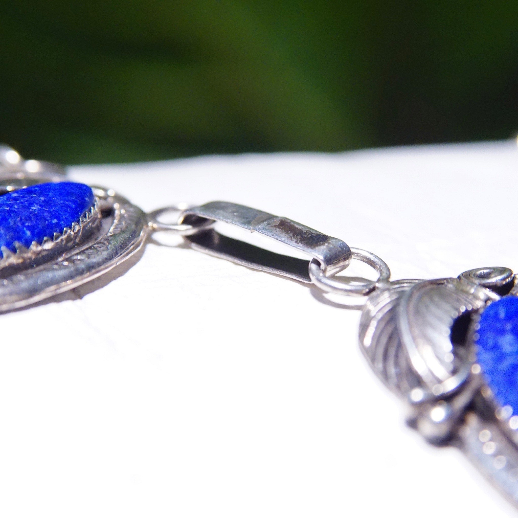Vintage Native American Sterling Silver Lapis Lazuli Pendant Necklace, 3-Stone Pendant, Engraved Leaf Settings, Oval Link Chain, 20 3/4" L