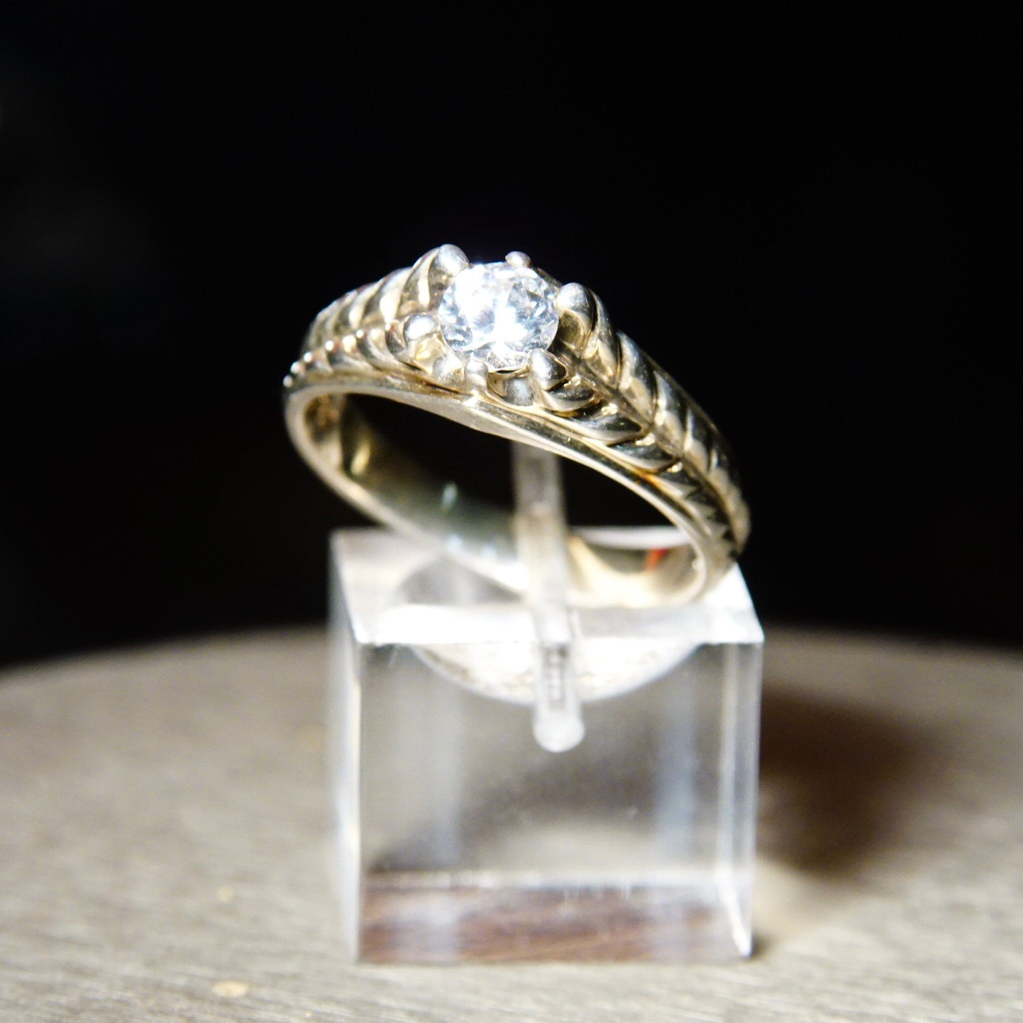 Vintage Braided Sterling Silver & Brilliant CZ Diamond Ring, .45CT Simulated Diamond Solitaire Ring, Textured Silver Band, Size 9 1/4 US