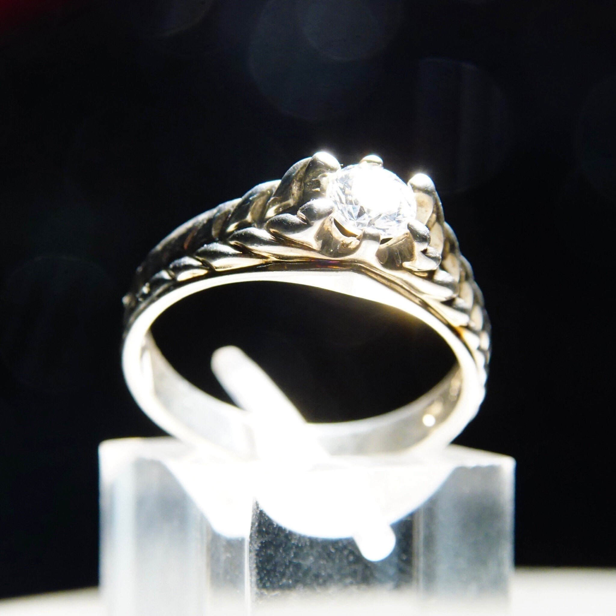 Vintage Braided Sterling Silver & Brilliant CZ Diamond Ring, .45CT Simulated Diamond Solitaire Ring, Textured Silver Band, Size 9 1/4 US