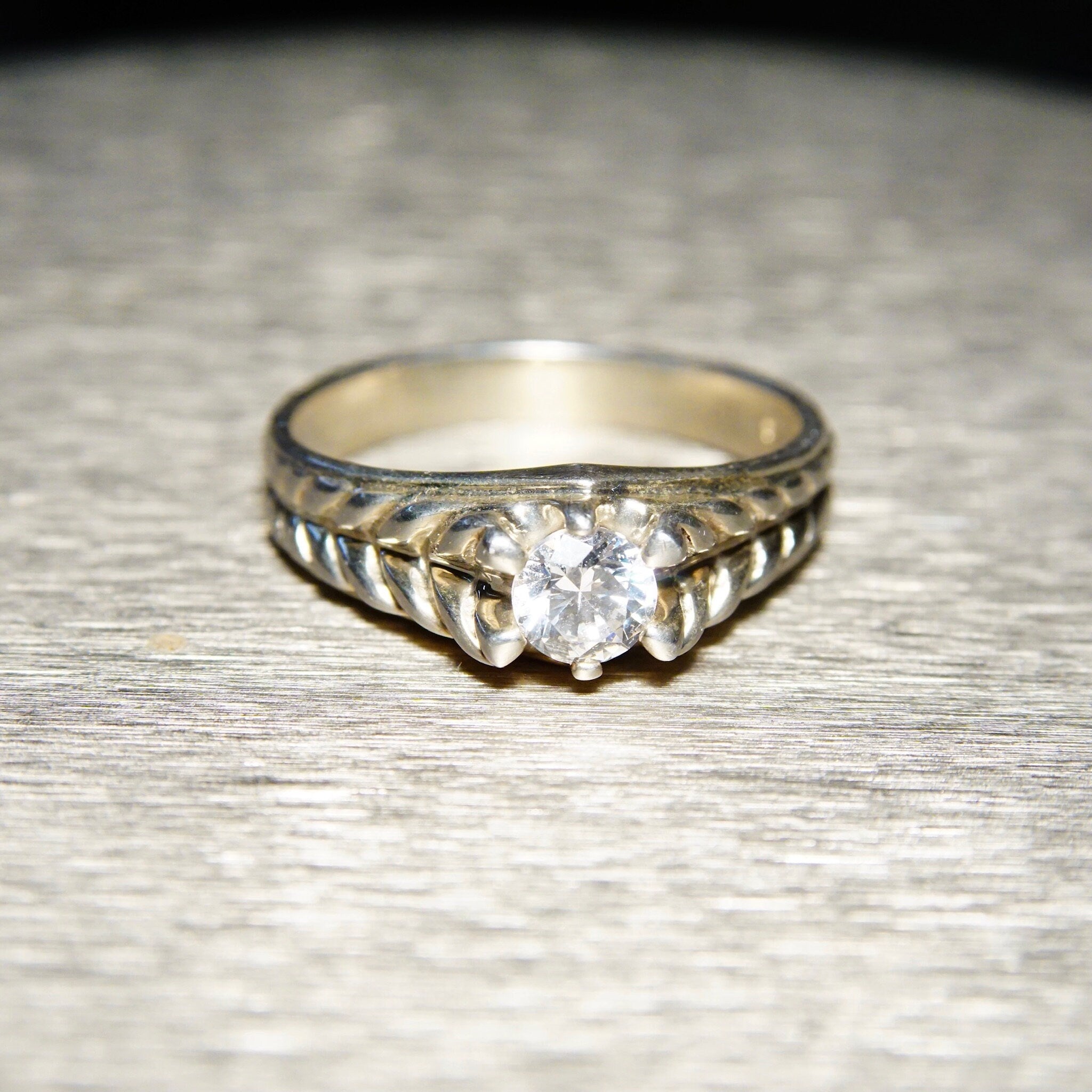 Vintage Braided Sterling Silver & Brilliant CZ Diamond Ring, .45CT Simulated Diamond Solitaire Ring, Textured Silver Band, Size 9 1/4 US
