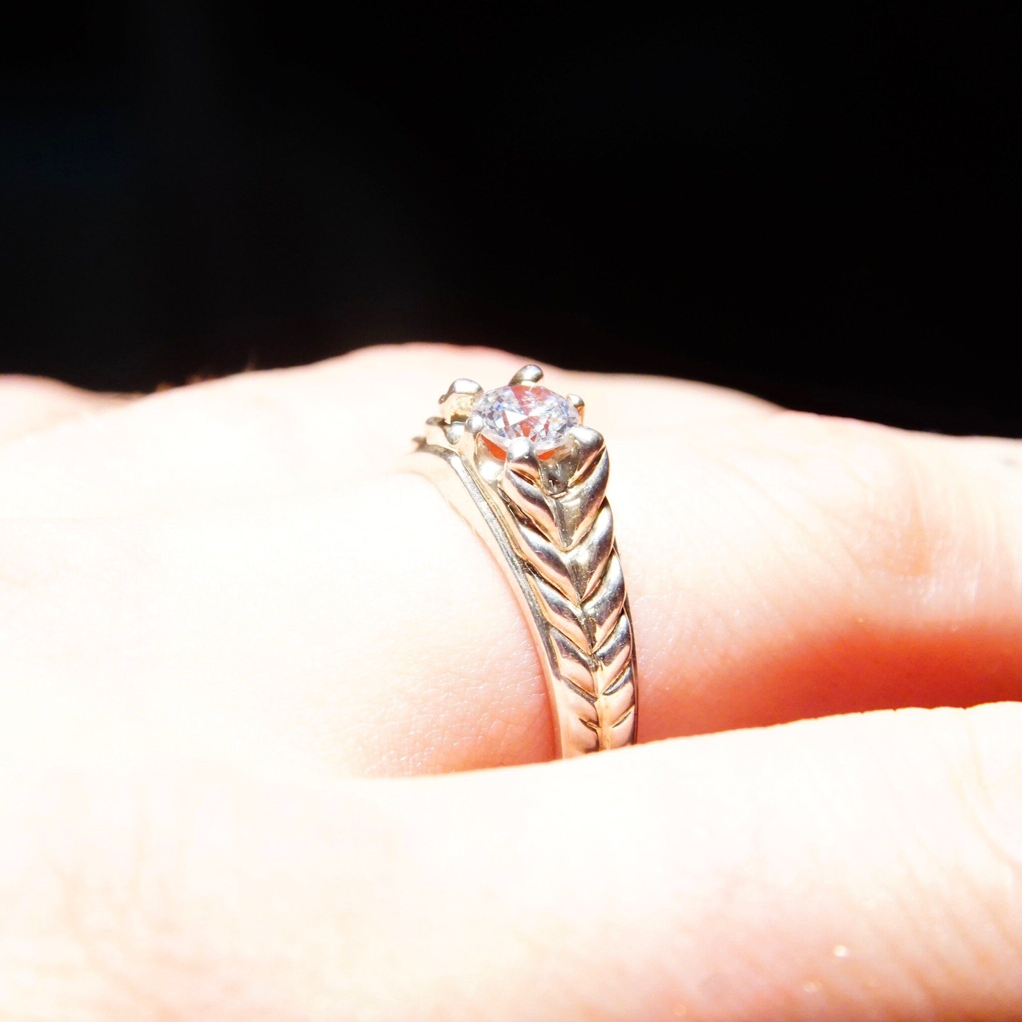 Vintage Braided Sterling Silver & Brilliant CZ Diamond Ring, .45CT Simulated Diamond Solitaire Ring, Textured Silver Band, Size 9 1/4 US