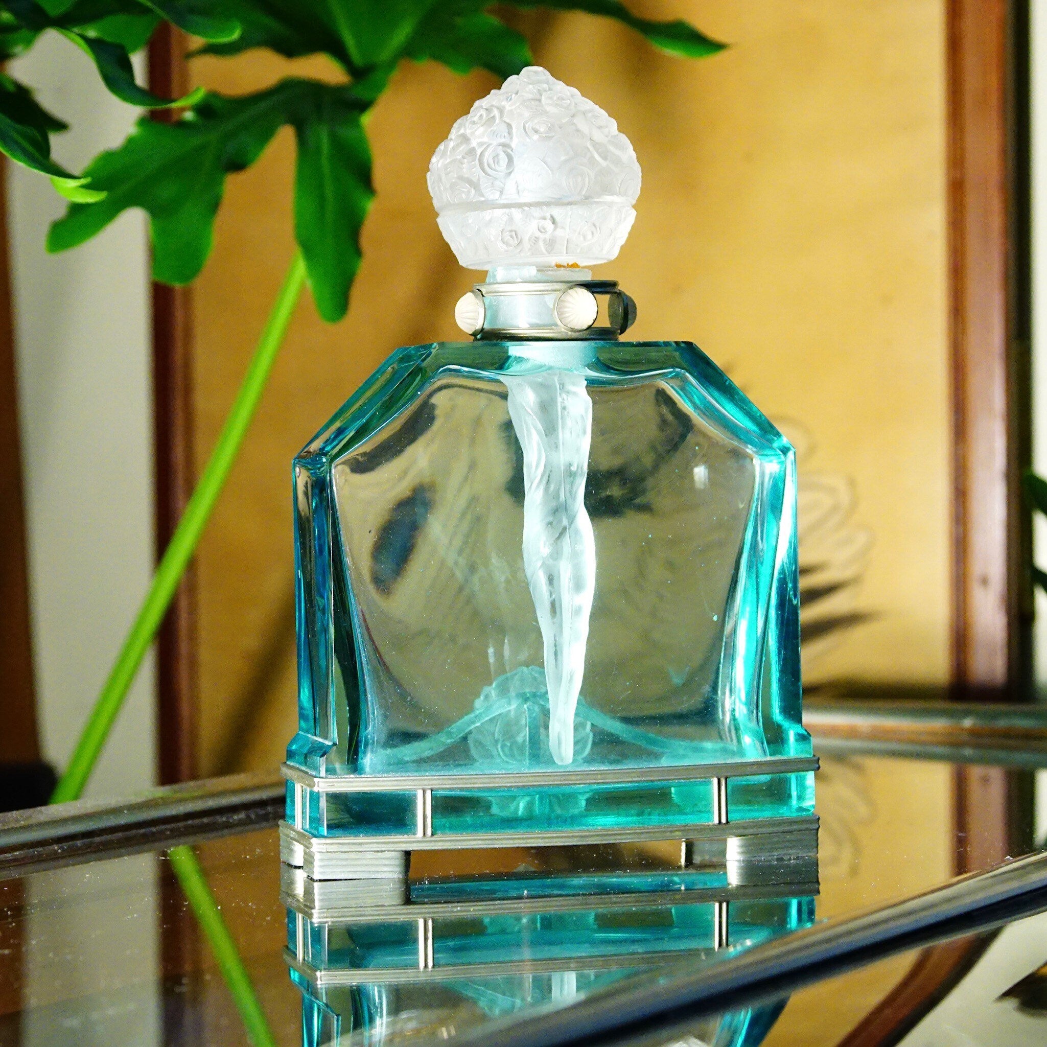 Antique Austrian 1920's 'Nude-Dauber' Blue Crystal Perfume Bottle, Frosted Glass Figural Dauber & Carved Glass Stopper, Pewter Mounts, 8" H