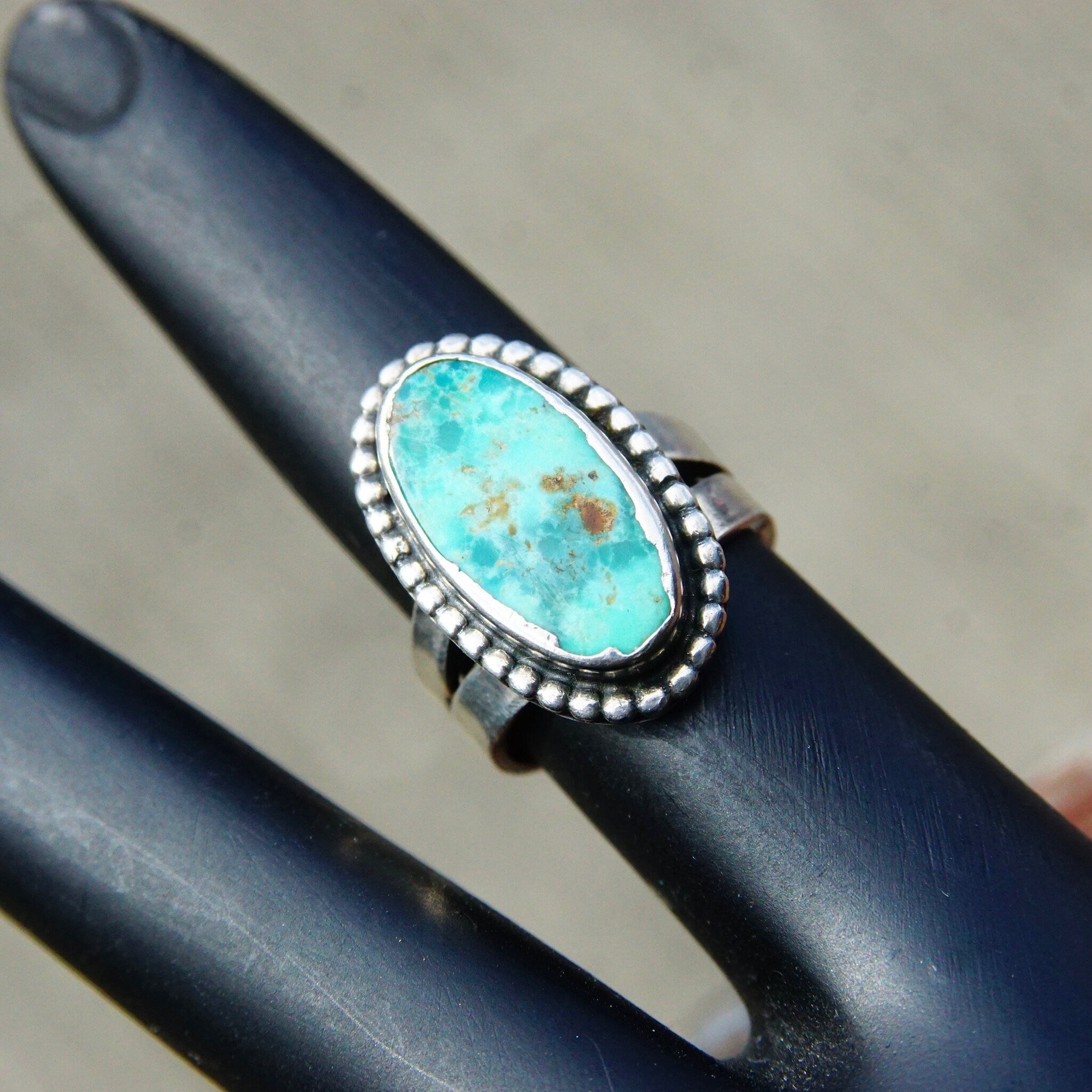 Vintage Native American Petite Silver Turquoise Ring, Marbled Turquoise Gemstone, Silver Bead Setting, Wide Spilt Prong Band, Size 4 US