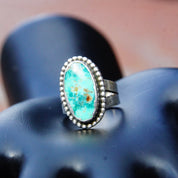 Vintage Native American Petite Silver Turquoise Ring, Marbled Turquoise Gemstone, Silver Bead Setting, Wide Spilt Prong Band, Size 4 US