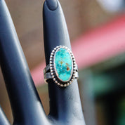 Vintage Native American Petite Silver Turquoise Ring, Marbled Turquoise Gemstone, Silver Bead Setting, Wide Spilt Prong Band, Size 4 US