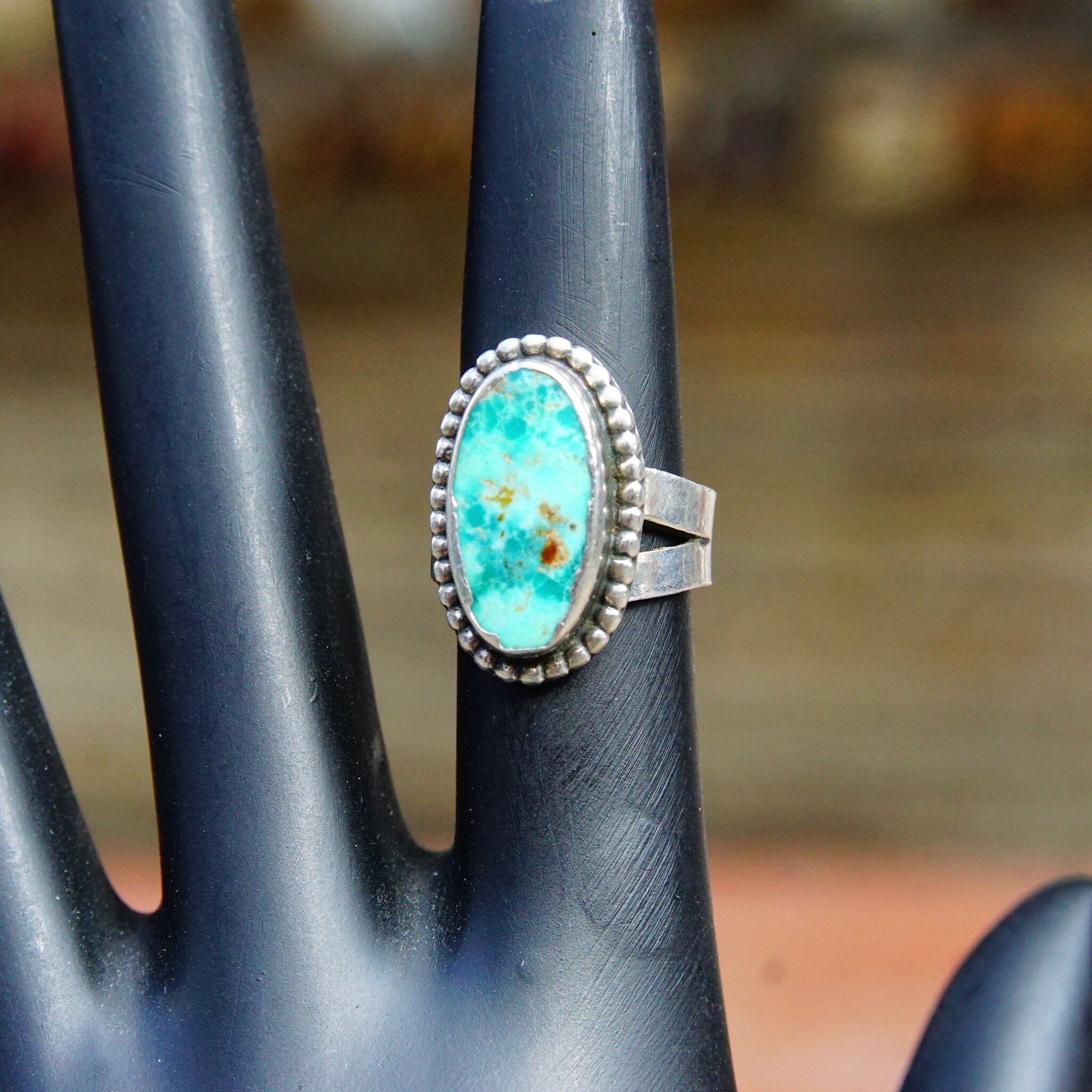 Vintage Native American Petite Silver Turquoise Ring, Marbled Turquoise Gemstone, Silver Bead Setting, Wide Spilt Prong Band, Size 4 US