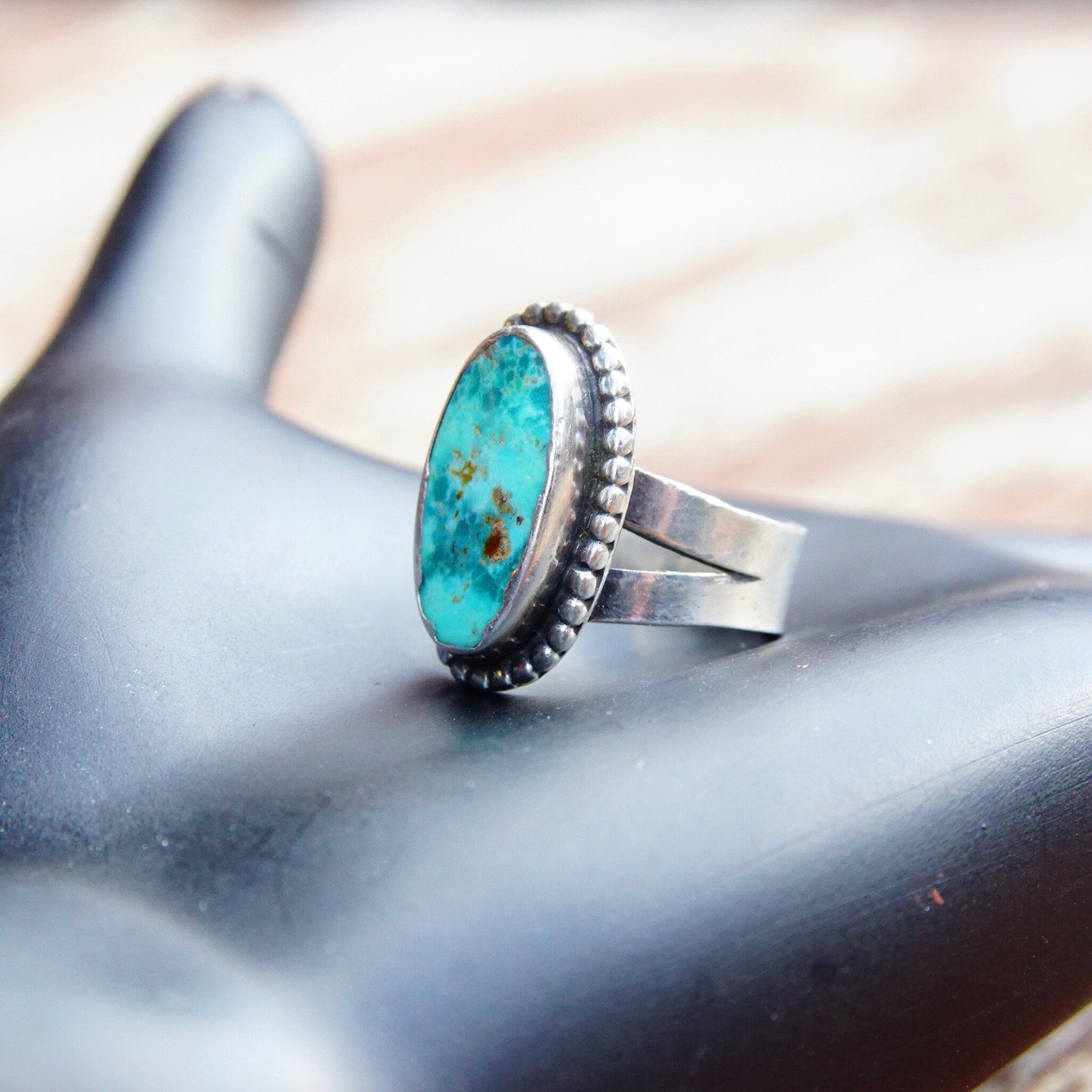 Vintage Native American Petite Silver Turquoise Ring, Marbled Turquoise Gemstone, Silver Bead Setting, Wide Spilt Prong Band, Size 4 US