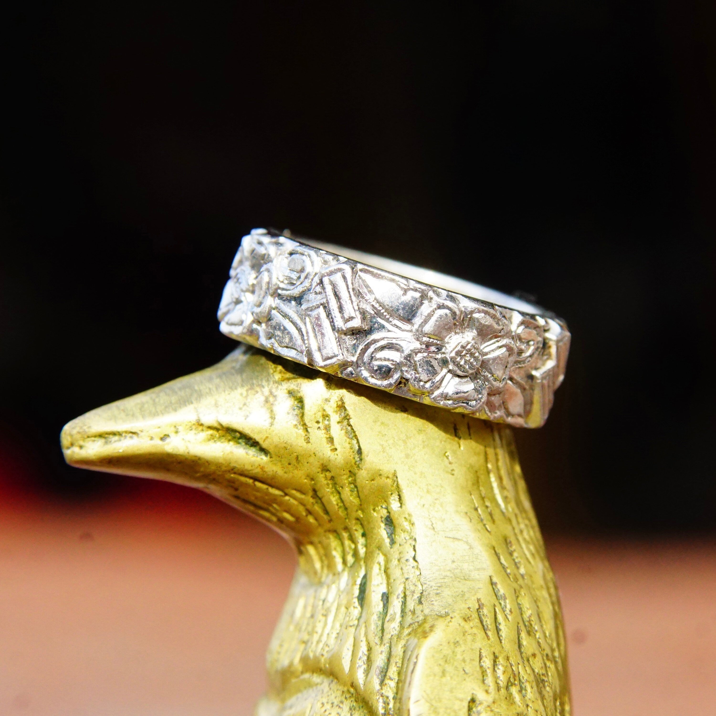 Vintage Sterling Silver Engraved Repousse Ring, Intricate Floral Designs, Textured Silver Band Ring, Shiny Silver Ring, Size 6 US