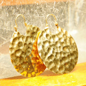 Vintage 14K Yellow Gold Hammered Disc Drop Earrings, Round Crinkle Hoop Earrings, Medium Sized, 585 Statement Accessory, 1 7/8" L