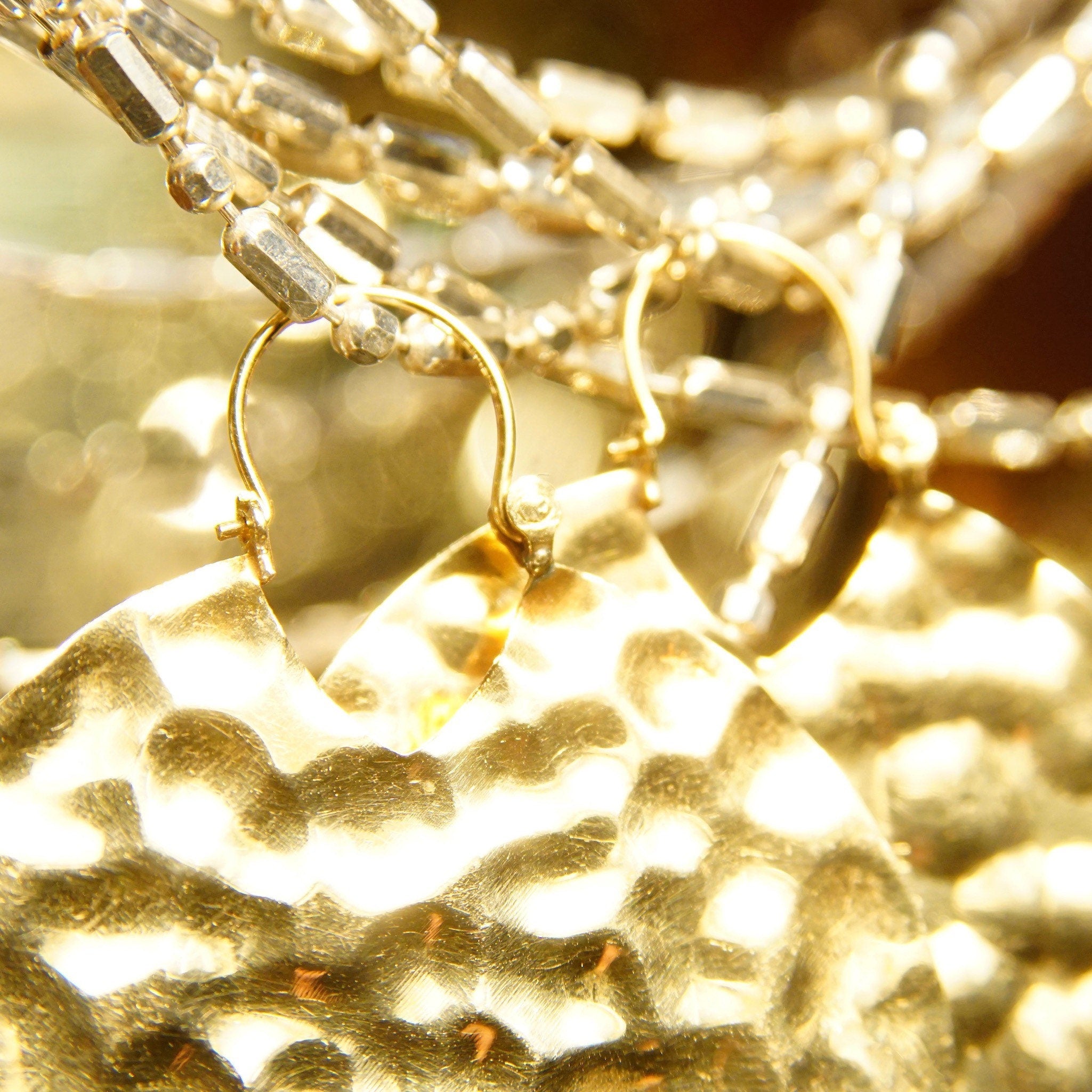 Vintage 14K Yellow Gold Hammered Disc Drop Earrings, Round Crinkle Hoop Earrings, Medium Sized, 585 Statement Accessory, 1 7/8" L