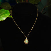 Vintage 14K Yellow Gold Opal Diamond Accent Teardrop Pendant Necklace, 1mm Snail Link Chain, White Opal Gemstone, .03 CT Diamond, 16 3/8" L