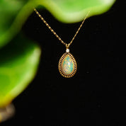 Vintage 14K Yellow Gold Opal Diamond Accent Teardrop Pendant Necklace, 1mm Snail Link Chain, White Opal Gemstone, .03 CT Diamond, 16 3/8" L