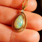 Vintage 14K Yellow Gold Opal Diamond Accent Teardrop Pendant Necklace, 1mm Snail Link Chain, White Opal Gemstone, .03 CT Diamond, 16 3/8" L