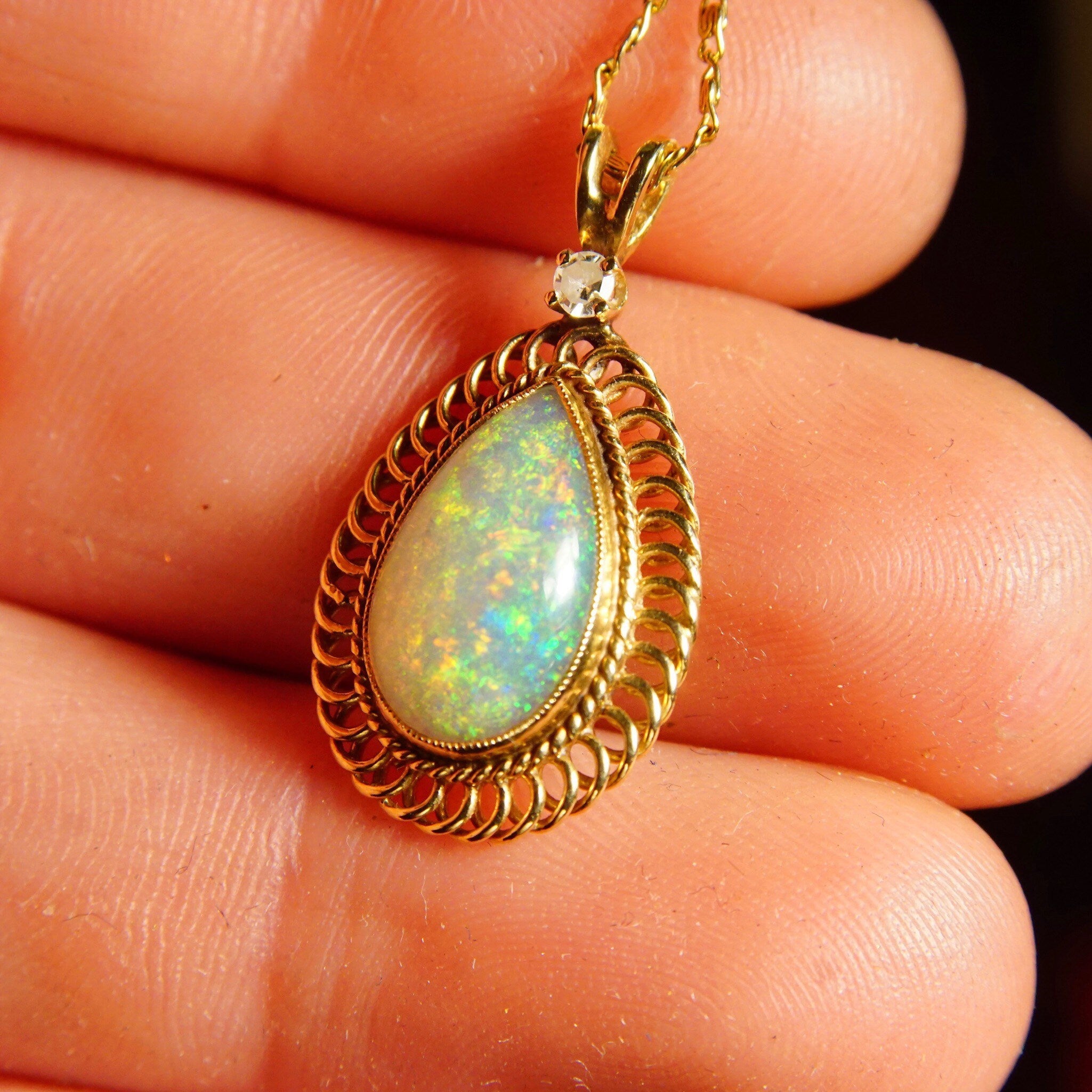 Vintage 14K Yellow Gold Opal Diamond Accent Teardrop Pendant Necklace, 1mm Snail Link Chain, White Opal Gemstone, .03 CT Diamond, 16 3/8" L