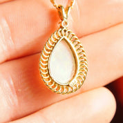 Vintage 14K Yellow Gold Opal Diamond Accent Teardrop Pendant Necklace, 1mm Snail Link Chain, White Opal Gemstone, .03 CT Diamond, 16 3/8" L