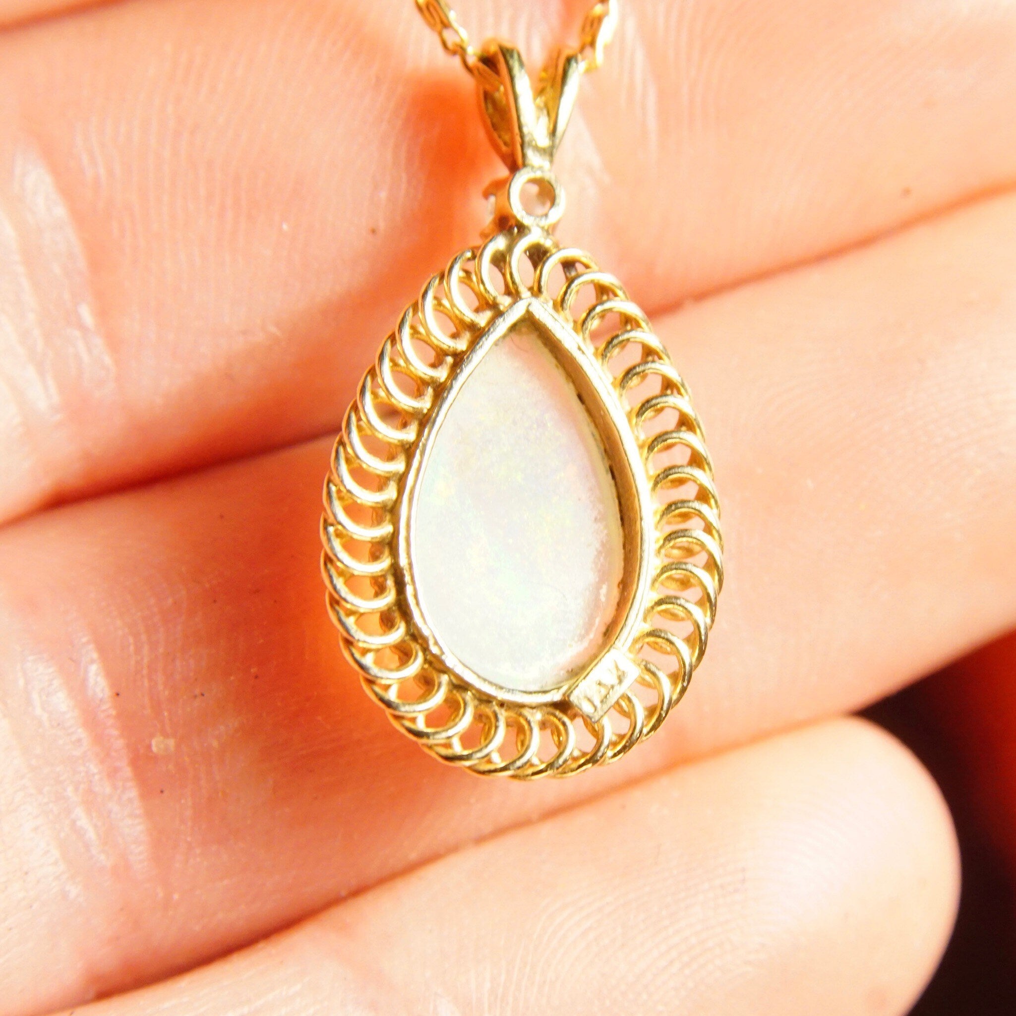 Vintage 14K Yellow Gold Opal Diamond Accent Teardrop Pendant Necklace, 1mm Snail Link Chain, White Opal Gemstone, .03 CT Diamond, 16 3/8" L