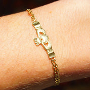 Antique Aurafin 14K Yellow Gold Claddagh Bracelet, 2-Row Link Chain, Diamond Cut Irish Claddagh Symbol, 585 Promise Bracelet, 7 3/8" L