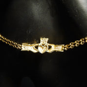 Antique Aurafin 14K Yellow Gold Claddagh Bracelet, 2-Row Link Chain, Diamond Cut Irish Claddagh Symbol, 585 Promise Bracelet, 7 3/8" L