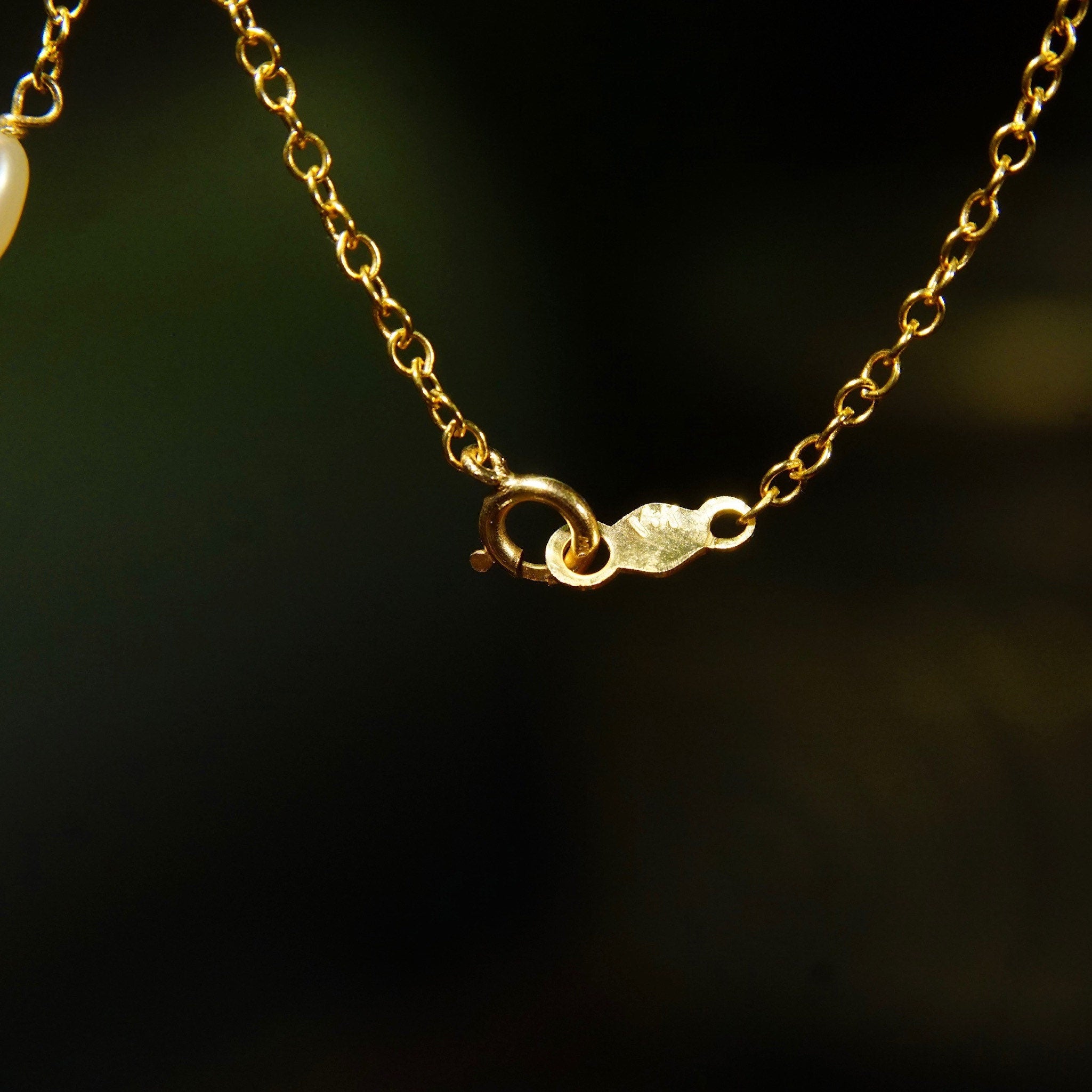 14K Pearl Station Necklace, Petite Yellow Gold Cable Chain, 11 Iridescent Baroque Pearls, Estate Jewelry, 25" L