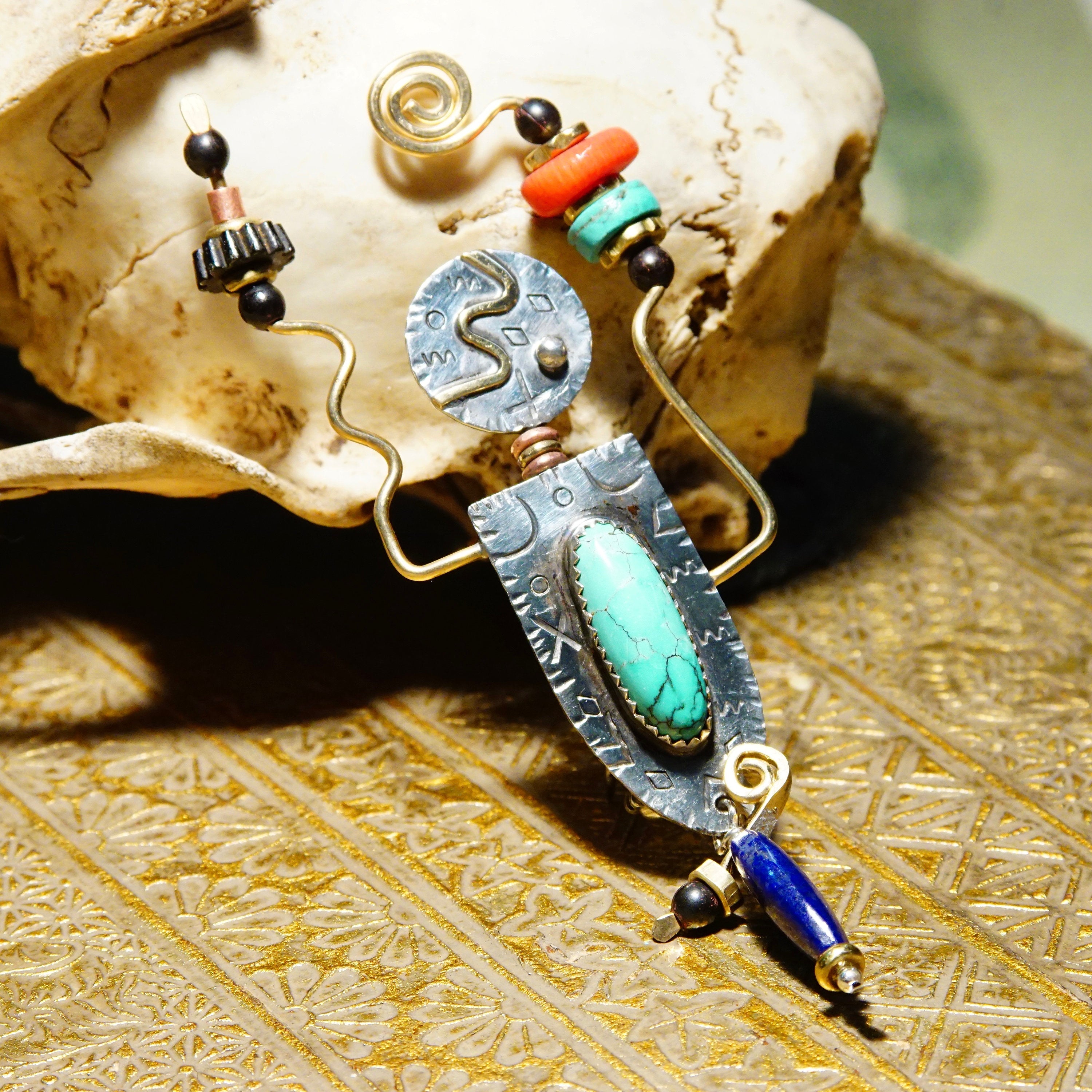 Vintage Abstract Mixed Metal Turquoise & Beaded Figure Brooch, Engraved Silver Symbols, Turquoise, Lapis Lazuli, Coral Gemstones, 4" L