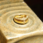 Vintage 14K Gold Diamond Pave Dome Ring, Textured Yellow Gold Dome, Vertical Round-Cut Diamond Inlay, .14 TCW, Size 7 1/2 US