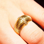 Vintage 14K Gold Diamond Pave Dome Ring, Textured Yellow Gold Dome, Vertical Round-Cut Diamond Inlay, .14 TCW, Size 7 1/2 US