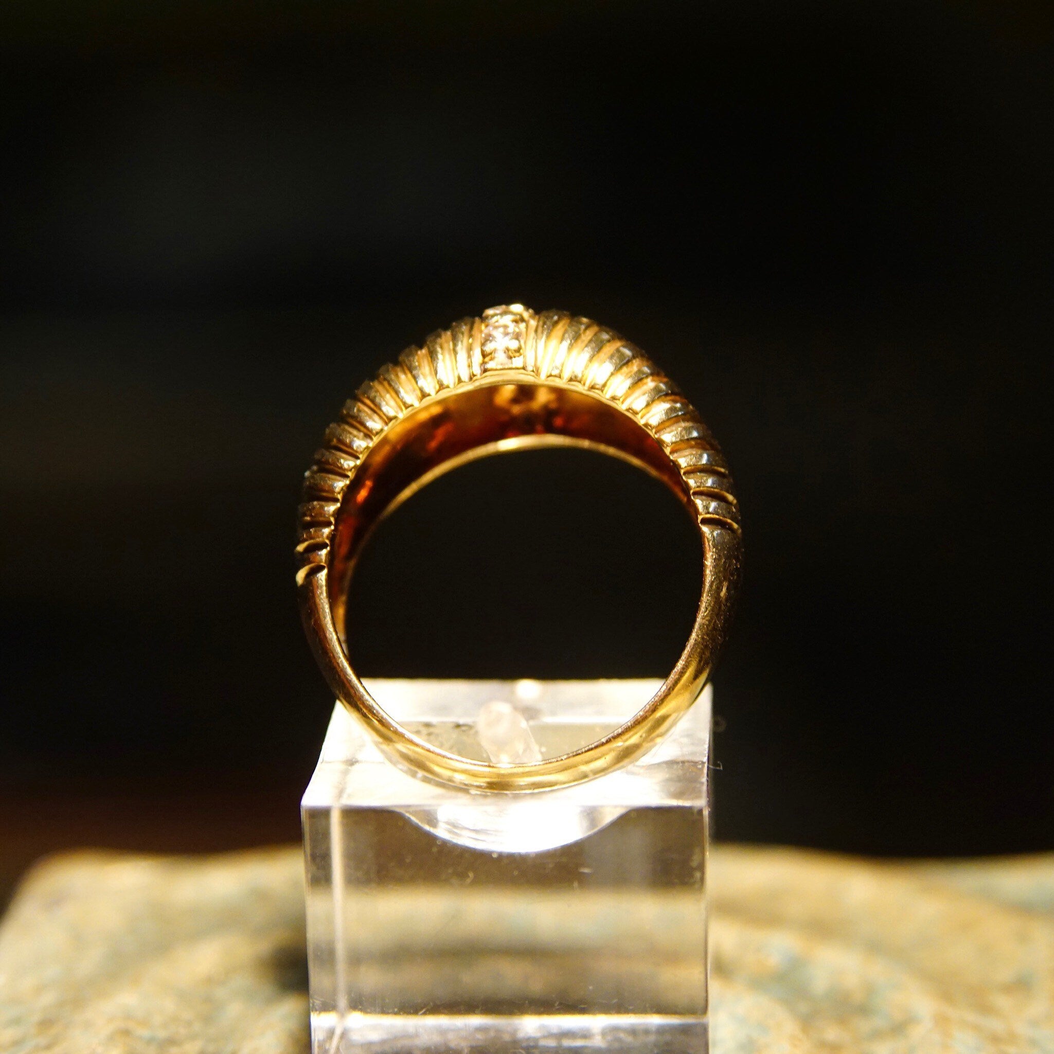 Vintage 14K Gold Diamond Pave Dome Ring, Textured Yellow Gold Dome, Vertical Round-Cut Diamond Inlay, .14 TCW, Size 7 1/2 US