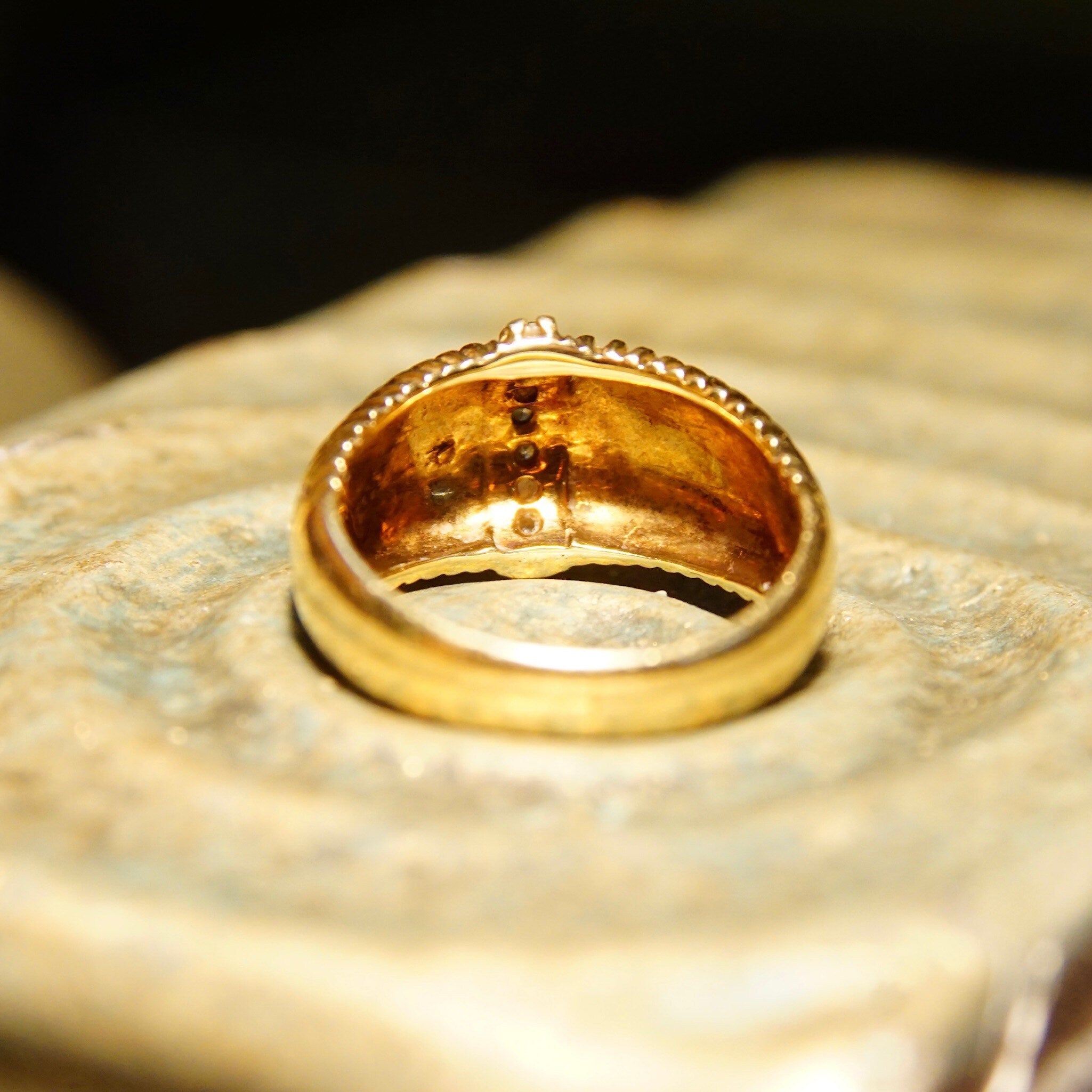 Vintage 14K Gold Diamond Pave Dome Ring, Textured Yellow Gold Dome, Vertical Round-Cut Diamond Inlay, .14 TCW, Size 7 1/2 US