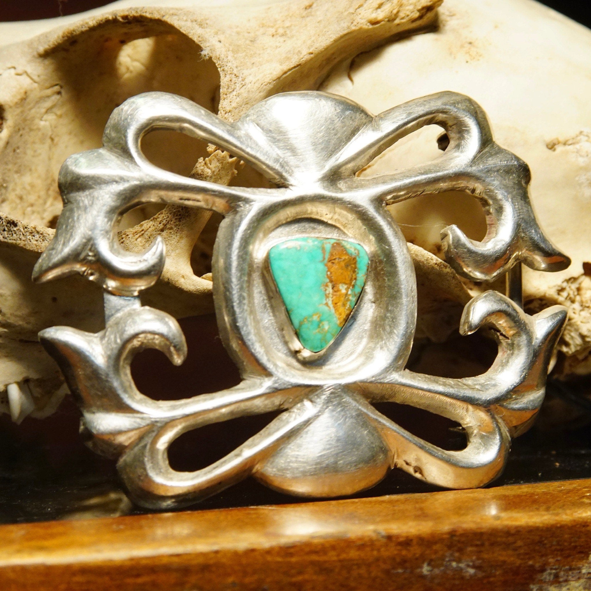 Vintage Signed 'Phillip' Native American Sterling Silver Turquoise Sand Cast Belt Buckle, Natural Turquoise, Artisan Belt Buckle, 3 1/8" W