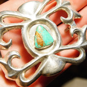 Vintage Signed 'Phillip' Native American Sterling Silver Turquoise Sand Cast Belt Buckle, Natural Turquoise, Artisan Belt Buckle, 3 1/8" W