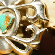 Vintage Signed 'Phillip' Native American Sterling Silver Turquoise Sand Cast Belt Buckle, Natural Turquoise, Artisan Belt Buckle, 3 1/8" W