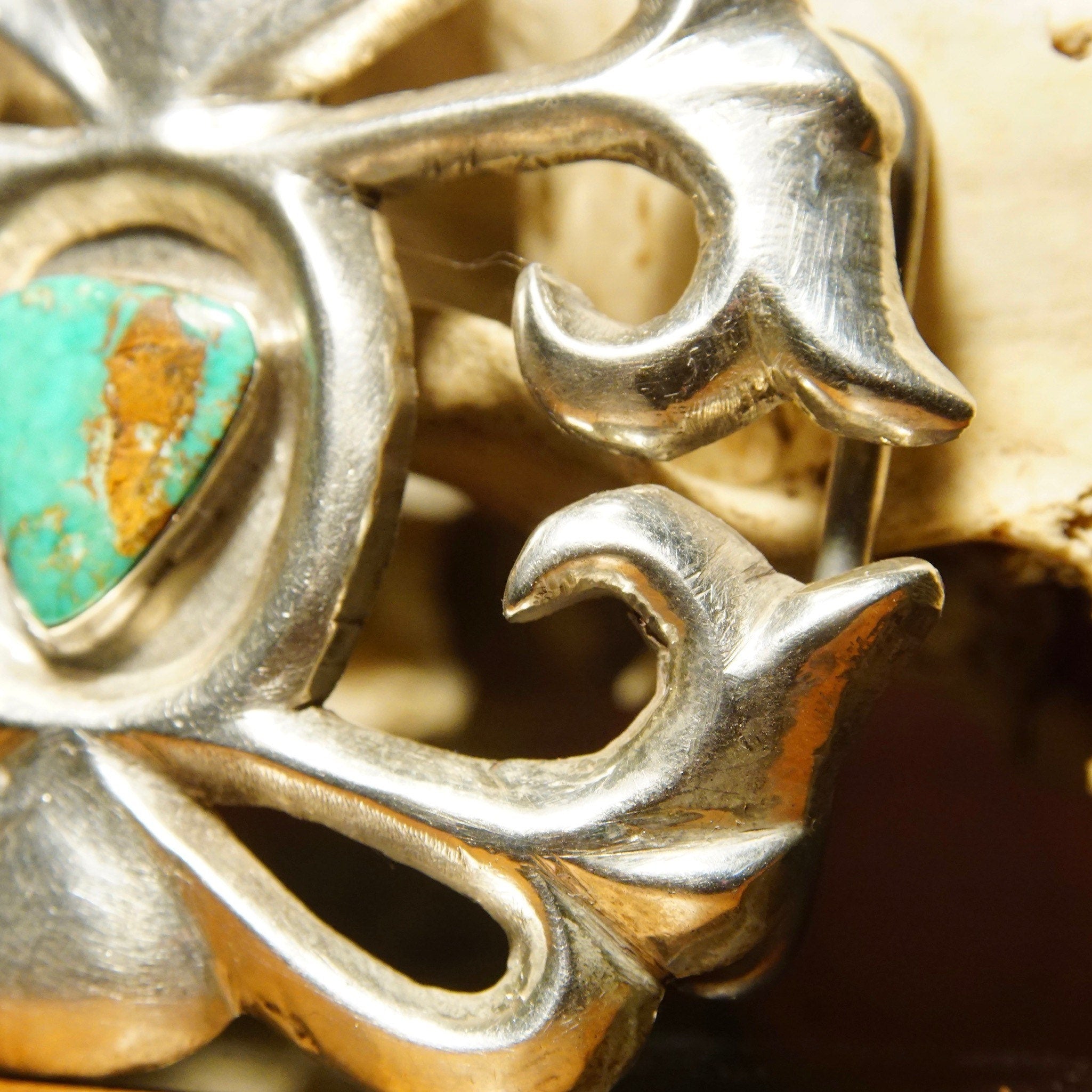Vintage Signed 'Phillip' Native American Sterling Silver Turquoise Sand Cast Belt Buckle, Natural Turquoise, Artisan Belt Buckle, 3 1/8" W