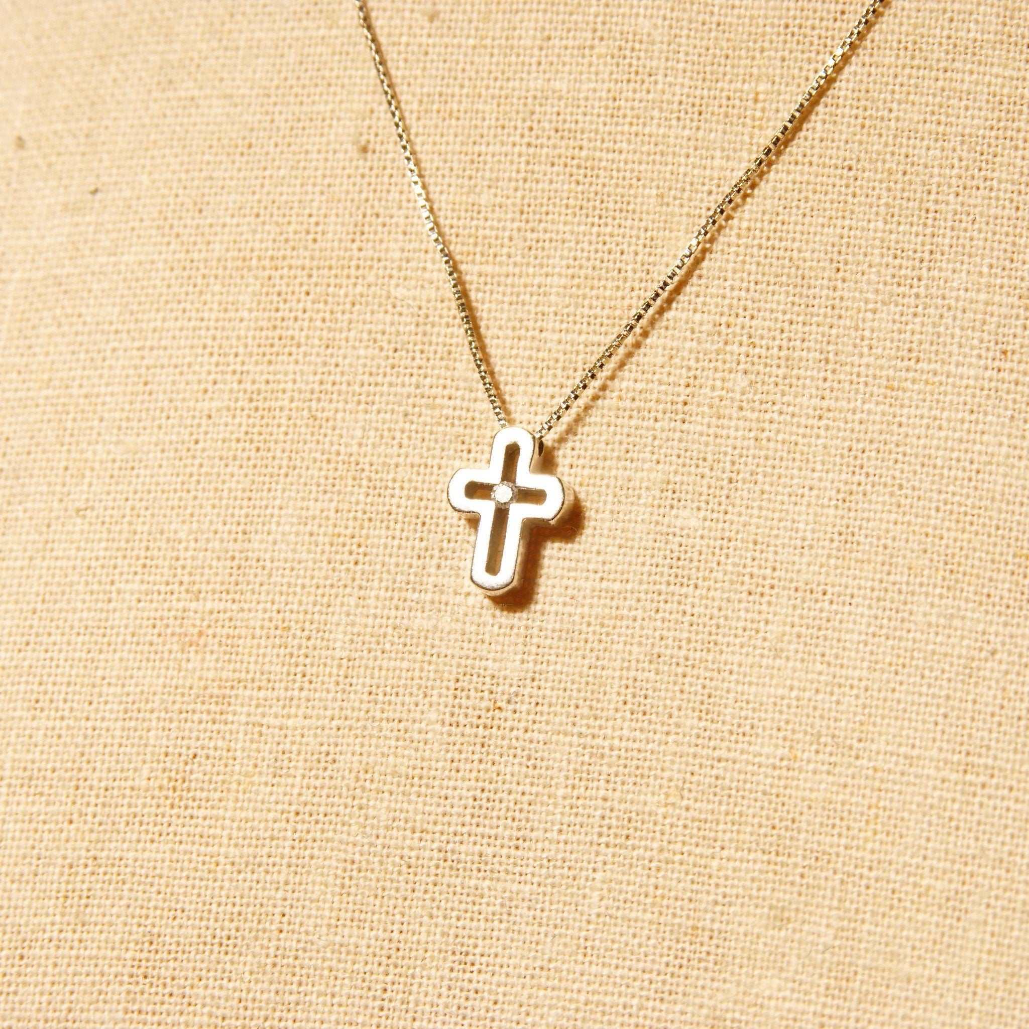 Vintage Minimalist 14k White Gold Diamond Mini Cross Pendant Necklace, Small Modernist Cut-Out Cross, .8mm White Gold Box Chain, 22" Long