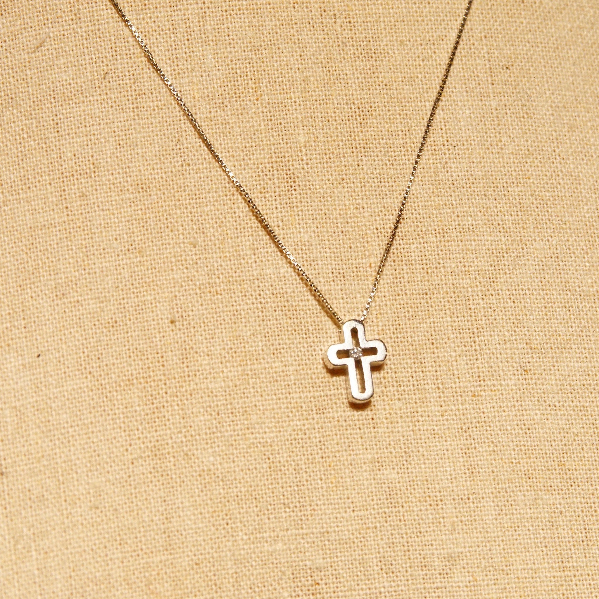 Vintage Minimalist 14k White Gold Diamond Mini Cross Pendant Necklace, Small Modernist Cut-Out Cross, .8mm White Gold Box Chain, 22" Long