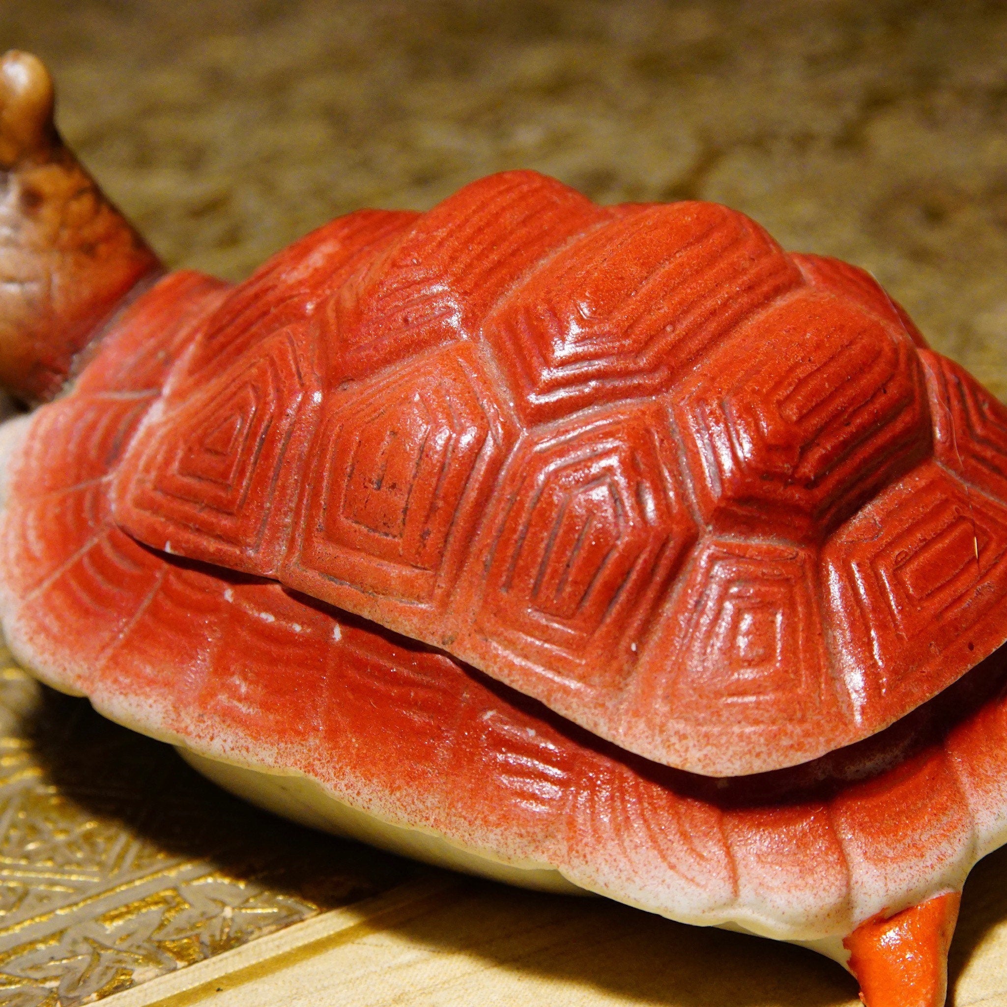 Antique Risqu Lady In Tortoise Shell Ceramic Figurine, Exposed Bare Butt, Eclectic Tchotchke, Made In Japan, 4 L x 2 1/2 L x 1 3/4 H