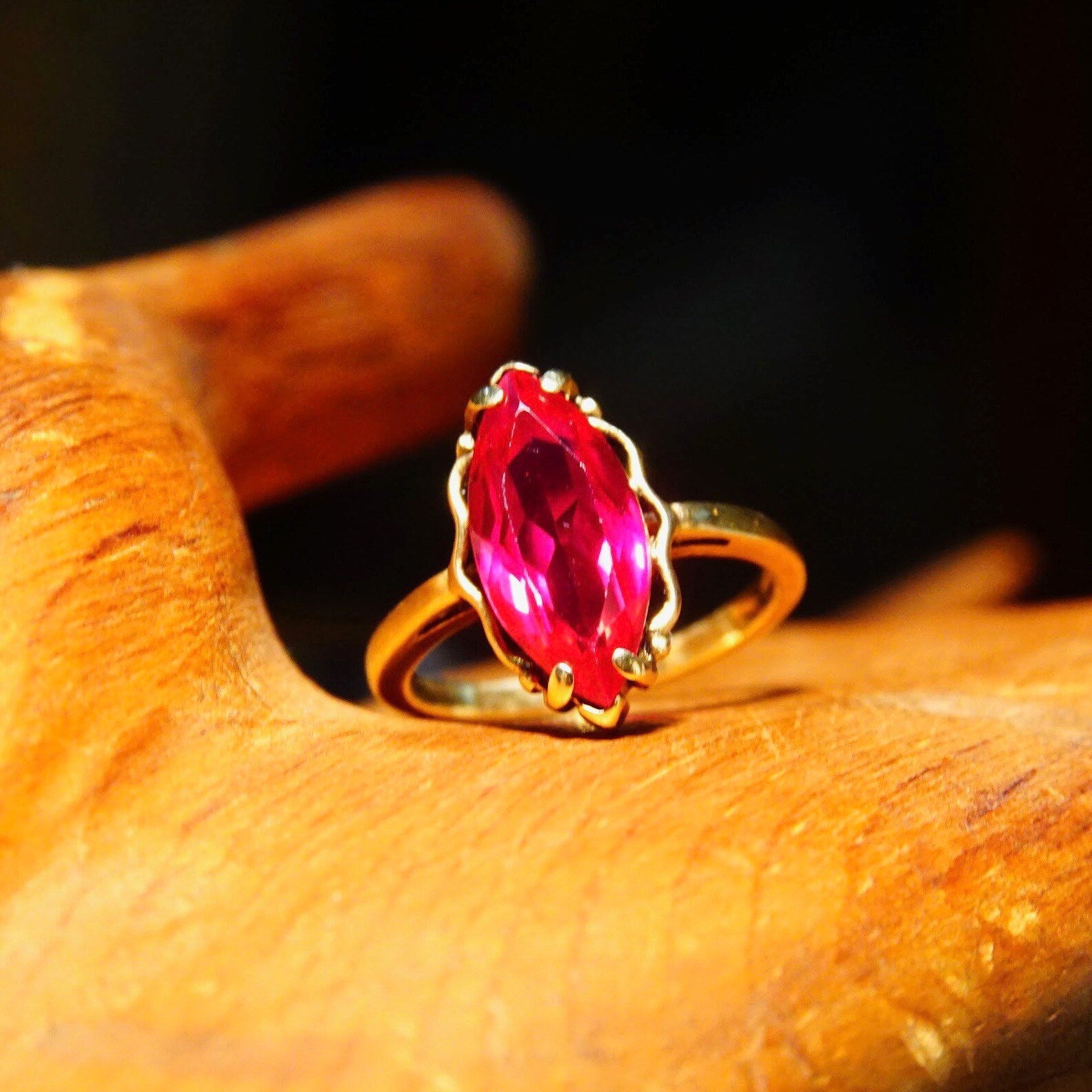 Antique 10K Yellow Gold Marquise Ruby Ring, Faceted Red Gemstone, Straight Gold Band, Size 6 1/4 US
