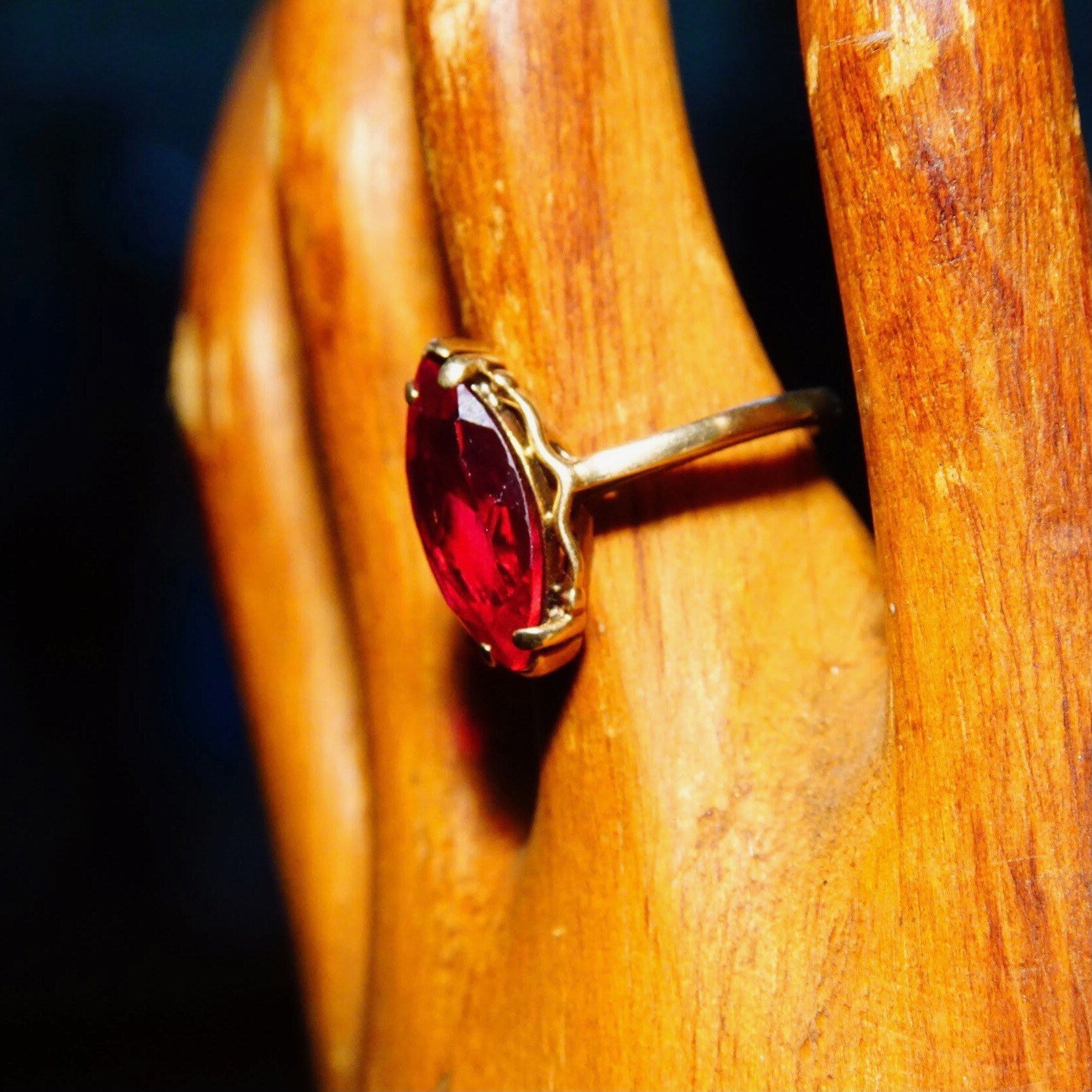 Antique 10K Yellow Gold Marquise Ruby Ring, Faceted Red Gemstone, Straight Gold Band, Size 6 1/4 US