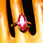 Antique 10K Yellow Gold Marquise Ruby Ring, Faceted Red Gemstone, Straight Gold Band, Size 6 1/4 US