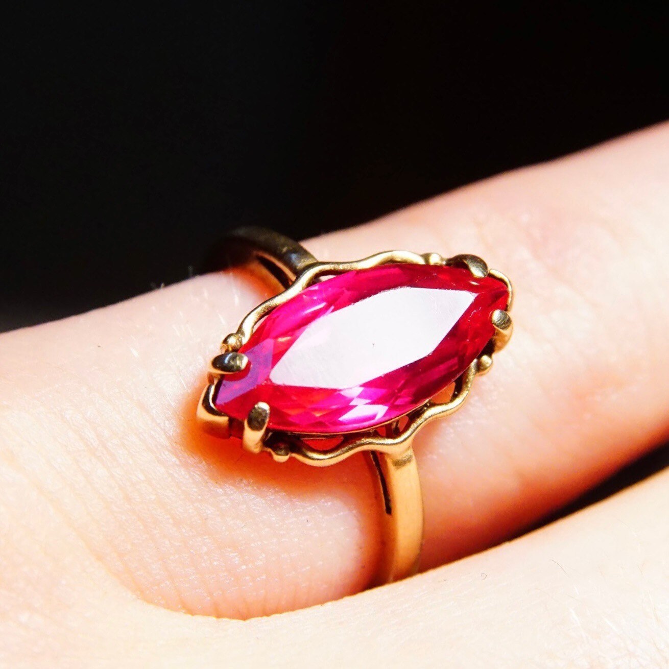 Antique 10K Yellow Gold Marquise Ruby Ring, Faceted Red Gemstone, Straight Gold Band, Size 6 1/4 US