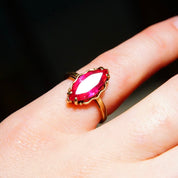 Antique 10K Yellow Gold Marquise Ruby Ring, Faceted Red Gemstone, Straight Gold Band, Size 6 1/4 US