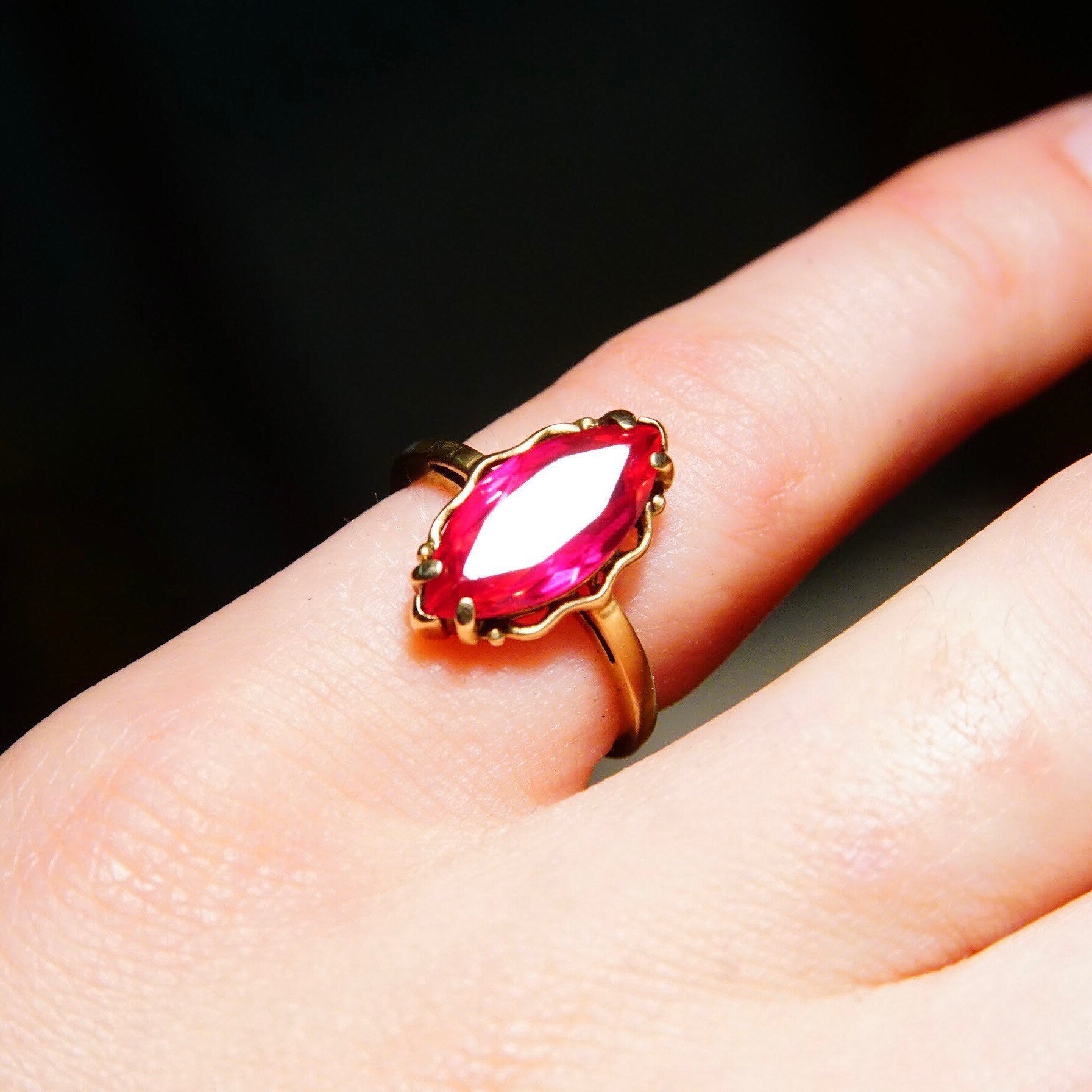 Antique 10K Yellow Gold Marquise Ruby Ring, Faceted Red Gemstone, Straight Gold Band, Size 6 1/4 US