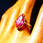 Antique 10K Yellow Gold Marquise Ruby Ring, Faceted Red Gemstone, Straight Gold Band, Size 6 1/4 US