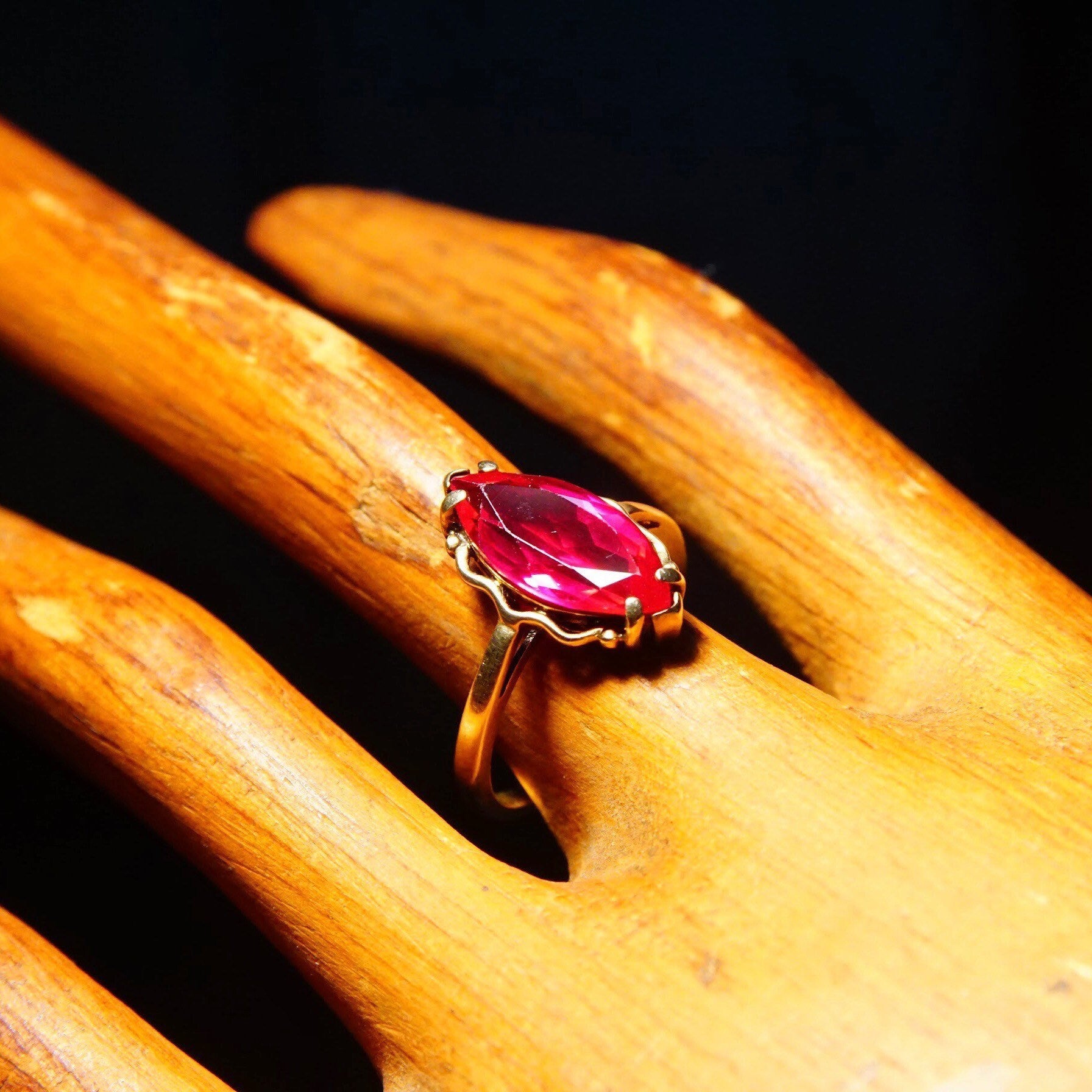 Antique 10K Yellow Gold Marquise Ruby Ring, Faceted Red Gemstone, Straight Gold Band, Size 6 1/4 US