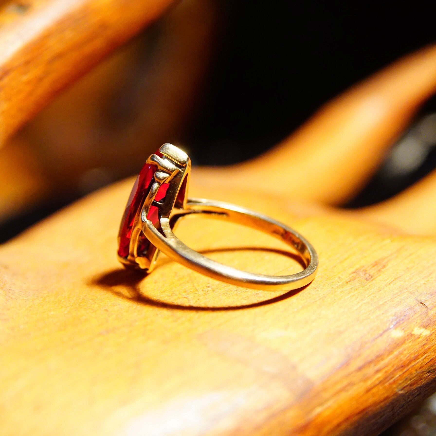 Antique 10K Yellow Gold Marquise Ruby Ring, Faceted Red Gemstone, Straight Gold Band, Size 6 1/4 US
