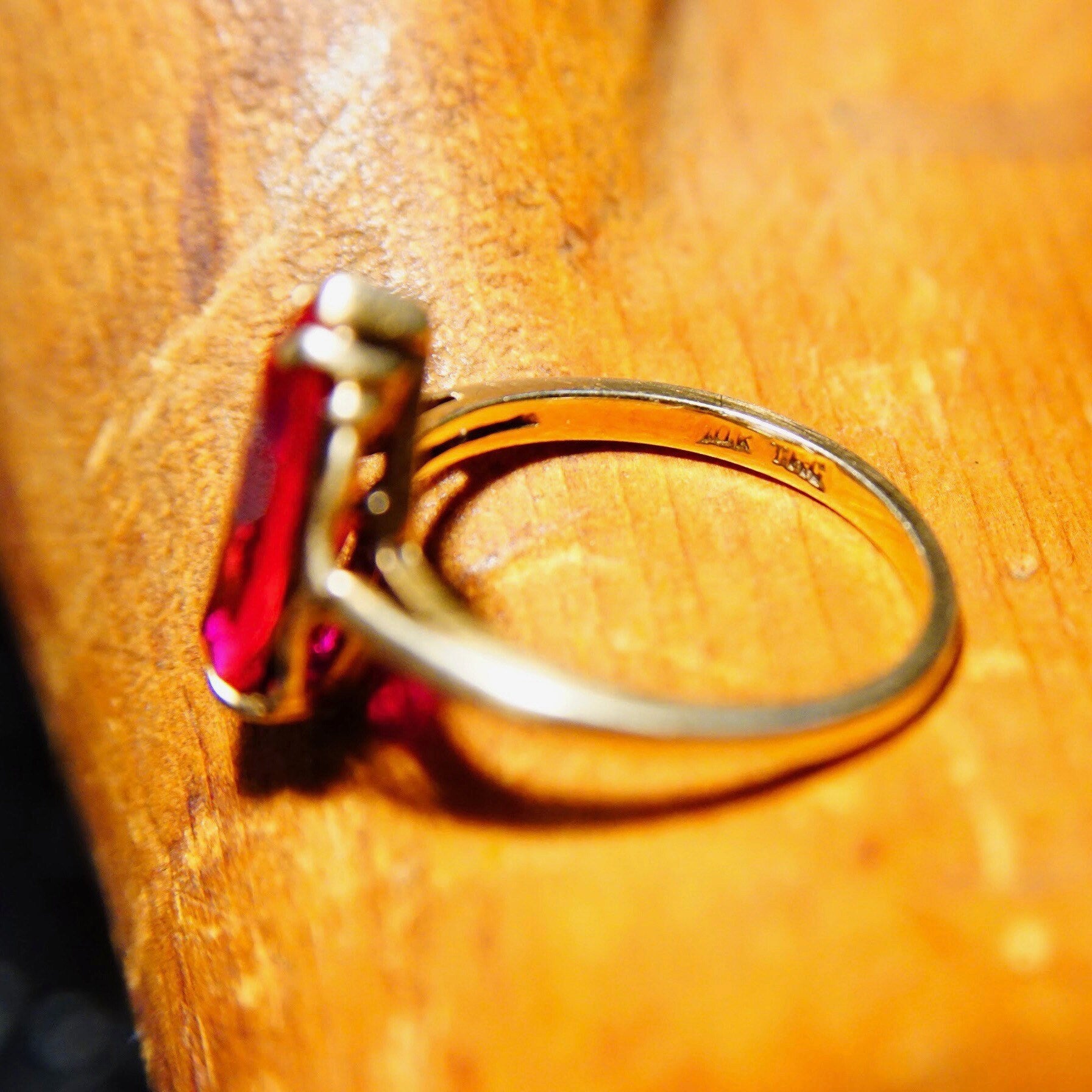 Antique 10K Yellow Gold Marquise Ruby Ring, Faceted Red Gemstone, Straight Gold Band, Size 6 1/4 US