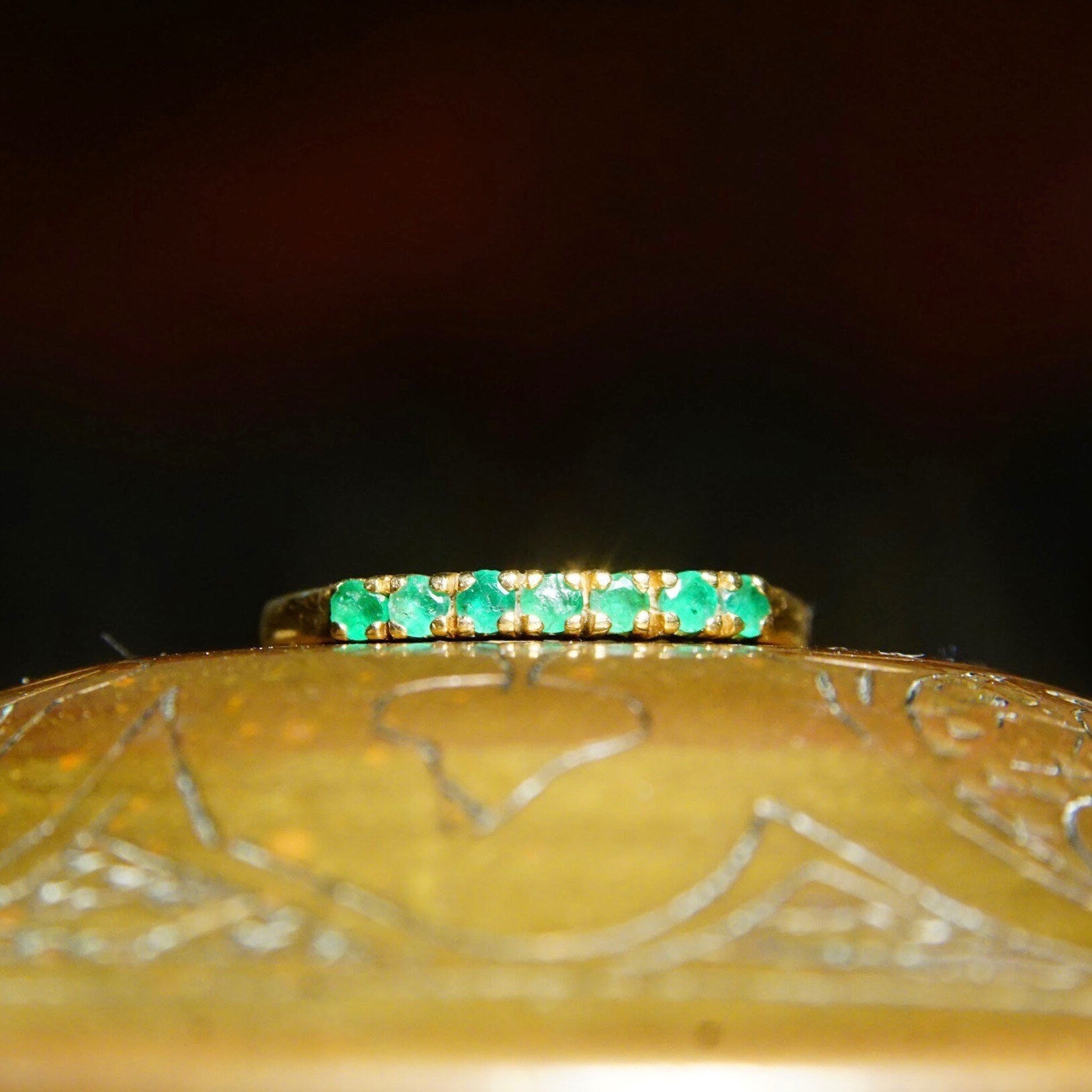 Vintage 14K Yellow Gold Emerald Half Eternity Ring, 7 Round-Cut Gemstones, Thin Gold Band, 585 Jewelry, Anniversary Ring, Size 7 1/4 US