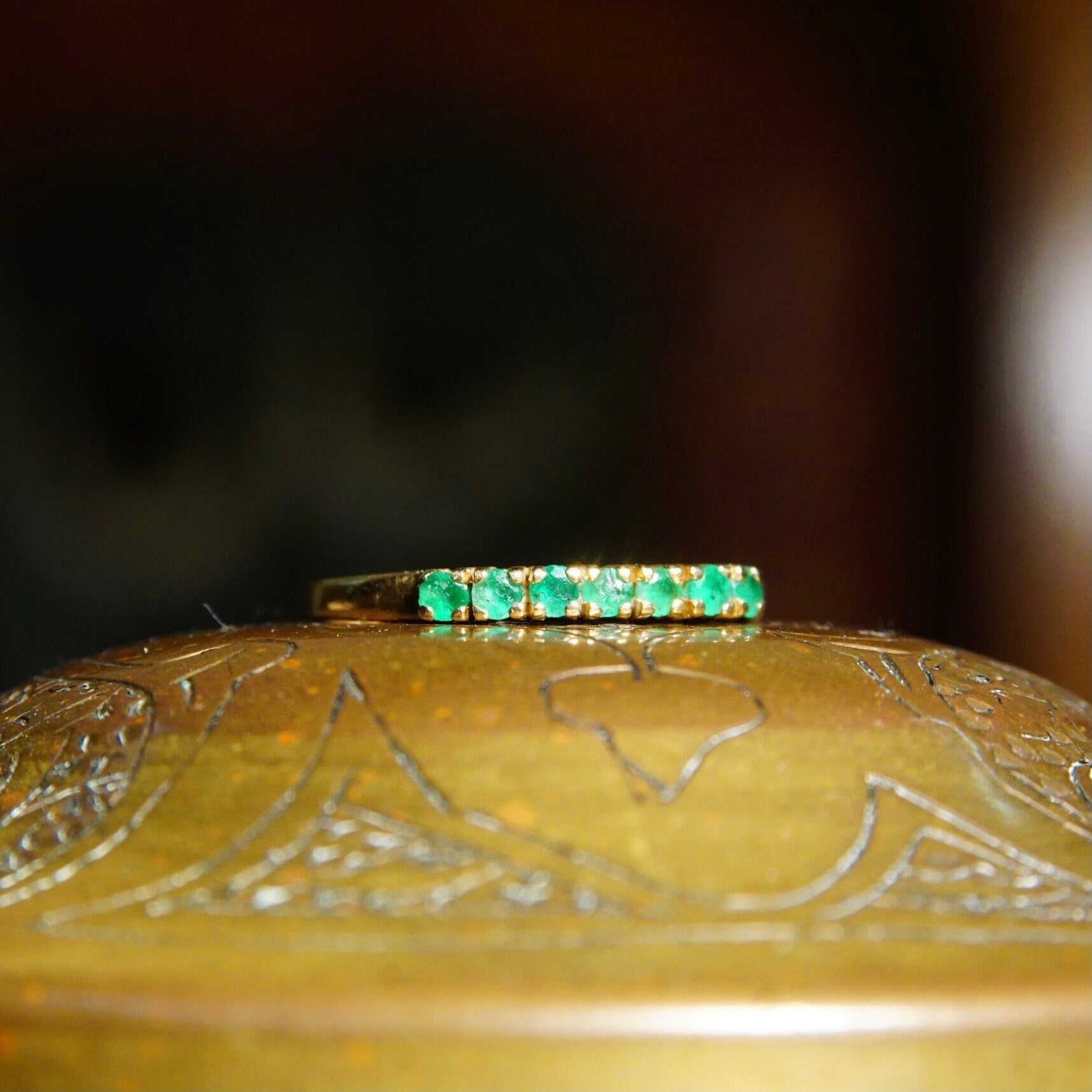 Vintage 14K Yellow Gold Emerald Half Eternity Ring, 7 Round-Cut Gemstones, Thin Gold Band, 585 Jewelry, Anniversary Ring, Size 7 1/4 US